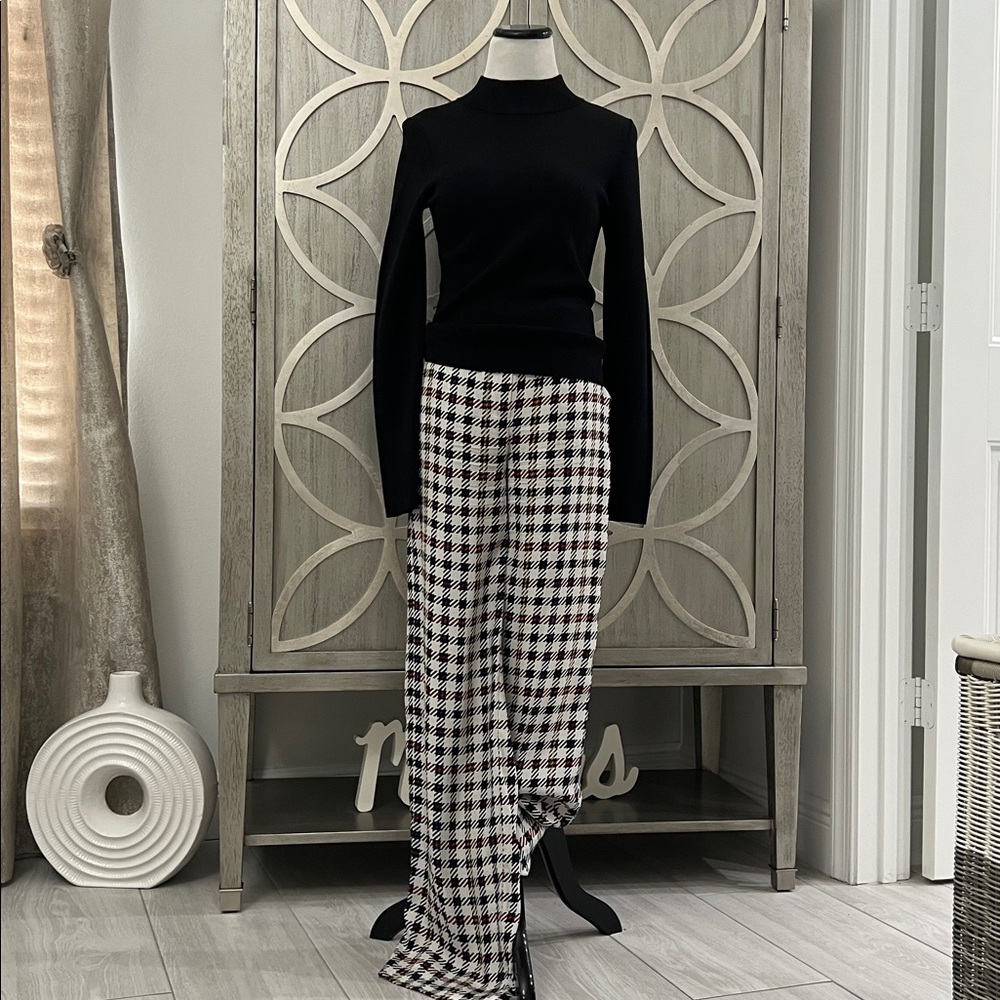 Equipment 100% silk Black, yellow, red, blue,and White Houndstooth Women's Pants - Picture 4 of 5